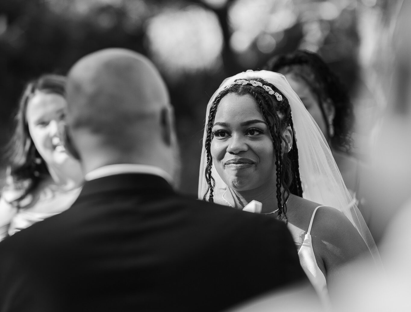 Bride smiling during ceremony captured by Los Angeles documentary wedding photographer